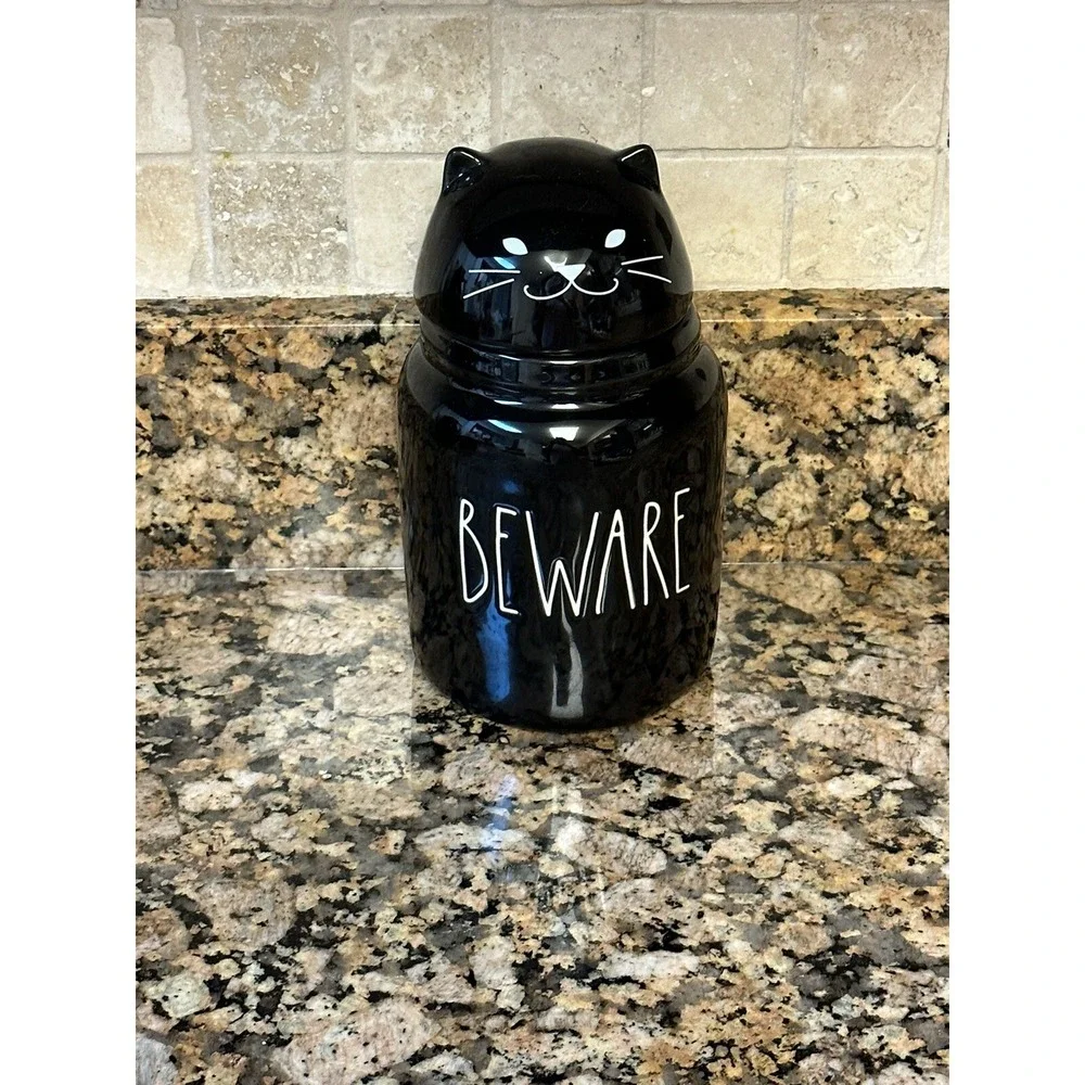 Rae‎ Dunn Black BEWARE figural Spooky Cat Halloween Baby canister Cookie Jar NEW